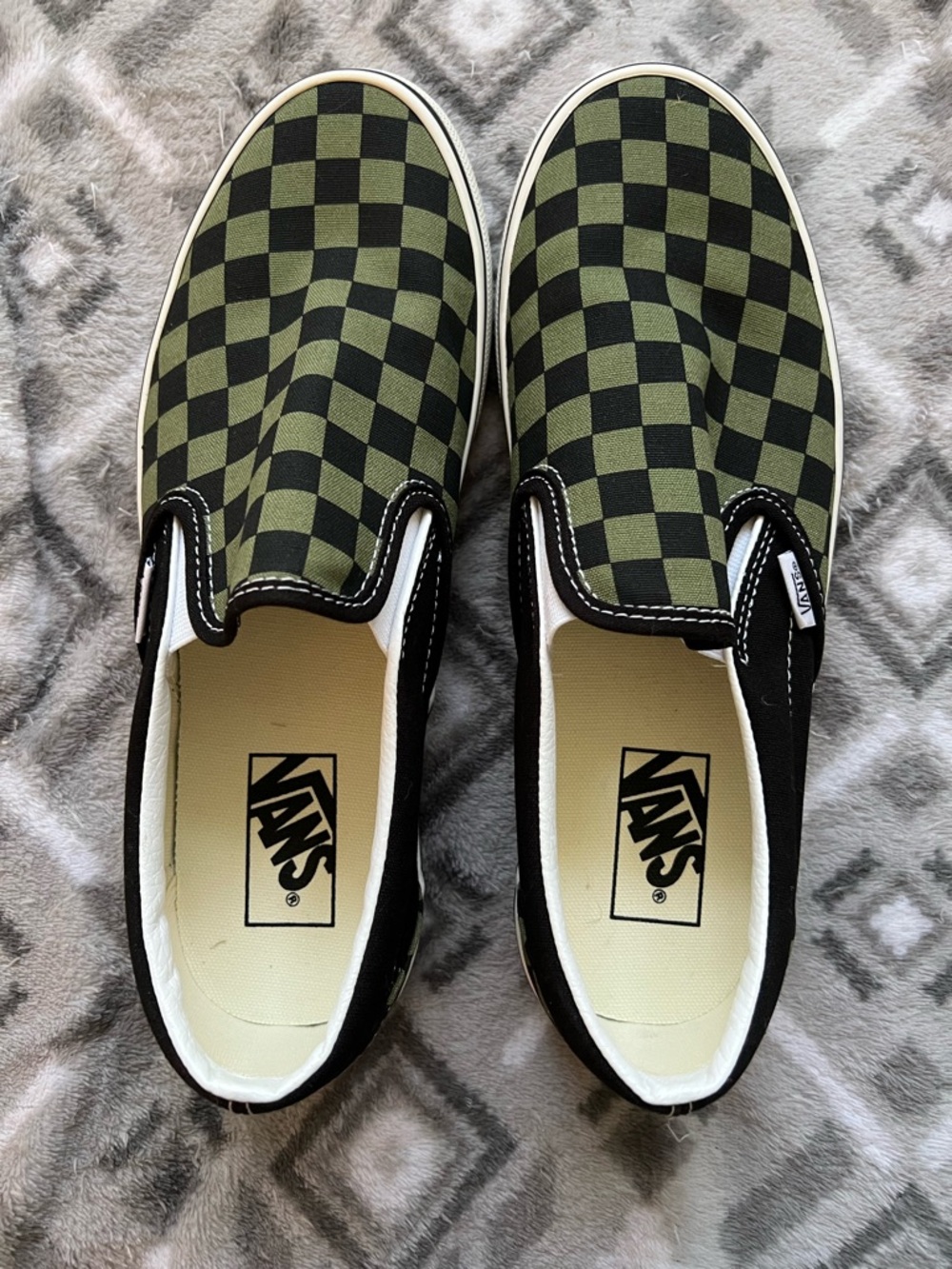 Vans Checkerboard Slip-On Sneakers in Black and Olive Green